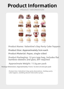 Dettaglio di 12 decorazioni per torte di San Valentino con motivi di gnomi e cuori rossi
