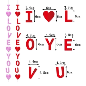 Bannière scintillante I LOVE YOU et décorations de cœur rouge avec dimensions détaillées