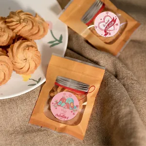 Valentine's Day stickers on kraft paper bags with clear window for cookie packaging