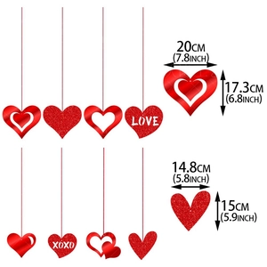 Red heart Valentine hanging decorations set with glitter and LOVE XOXO mirror finishes