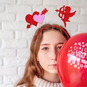 Valentinstag Haarreif mit roten Glitzerherzen und Amorsilhouette für Partys