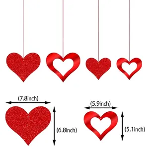 Red heart hanging ornaments in glitter and glossy finishes with size dimensions