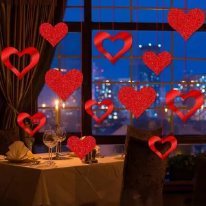 Romantic Red Heart Hanging Decorations Glitter Mirror Paper Heart Pendants For Valentine's Day Wedding Party Venue Decor