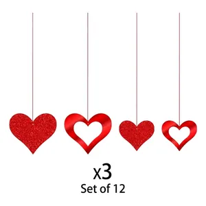 Detailed set of 12 red glitter and metallic heart ornaments for party decorations