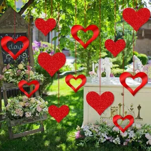 Red heart hanging ornaments set with glitter and mirror finish for wedding party decor