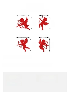 Size chart for red glitter Cupid window stickers showing four poses with dimensions