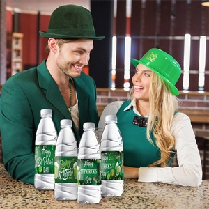 St. Patrick's Day water bottle labels with green shamrock designs for party decor
