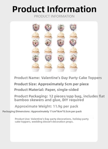 Set of 12 heart-shaped floral cake toppers with DIY bamboo sticks for Valentine decorations