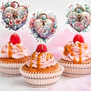 Floral heart lock cupcake toppers for Valentine's Day wedding party cake decorations