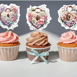 Heart-shaped lock cupcake toppers with watercolor floral design for wedding decorations