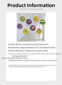 Detail view of double-sided Mardi Gras cardstock hanging decorations with dimensions