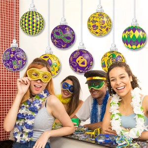 Festive Mardi Gras party hanging ornaments in purple green and gold with mask patterns
