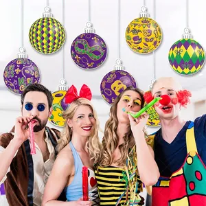 Detailed Mardi Gras hanging ornaments featuring classic purple green and gold mask patterns