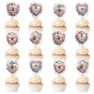 Vintage Heart Lock Floral Cupcake Toppers Paper Cake Decorations For Valentine Day Wedding Engagement Party Watercolor Style