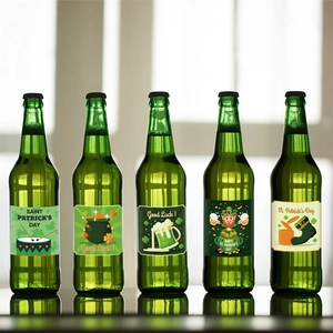 5-pack St. Patrick's Day green beer bottle labels with clovers and leprechaun designs