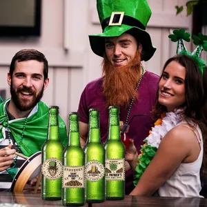 Set of four St. Patrick's Day bottle stickers with shamrock and leprechaun motifs