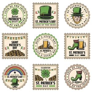 Set of 9 vintage St. Patrick's Day bottle stickers featuring clover and gold coin designs