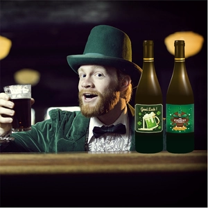 St. Patrick's Day bottle labels with lucky clover and beer design for party decorations