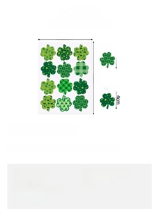 Size guide for St. Patrick's Day shamrock stickers showing 14x19cm sheet and element dimensions