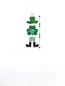 Size chart showing St. Patrick's Day door hanger dimensions with green clover motifs