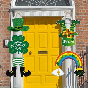 St. Patrick's Day door hanging set with green hat and clover on yellow wood door
