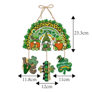 St. Patrick's Day door hanging with green clover, rainbow gnome and hanging love cross