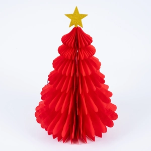 3D red honeycomb paper Christmas tree ornament with a sparkling gold star topper