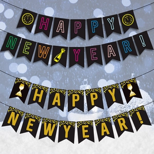 Happy New Year Banner Girlande Papier Schwalbenschwanz Aufhängung Neujahr Party Dekoration Neon Schwarz Gold Stil