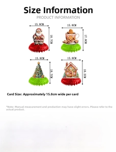 Size chart for Christmas honeycomb decorations including Santa and gingerbread house
