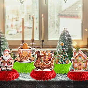 Christmas honeycomb tabletop ornaments featuring Santa, Gingerbread Man, and festive designs