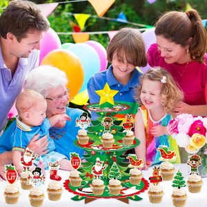 Green Christmas tree 3-tier cupcake stand with holiday toppers for party decor