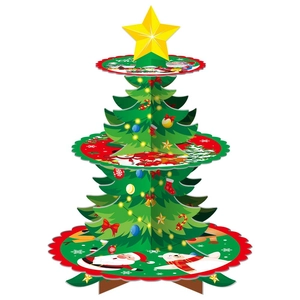Three-tier Christmas tree cardboard cupcake stand with festive holiday illustrations