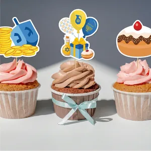 Hanukkah cupcake toppers with dreidel and menorah patterns on a light gray background