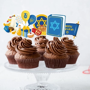 Hanukkah cupcake toppers set featuring Star of David, Menorah and Happy Hanukkah sign