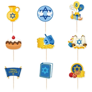 Detailed grid showing 9 distinct blue and gold Hanukkah cupcake topper designs with icons