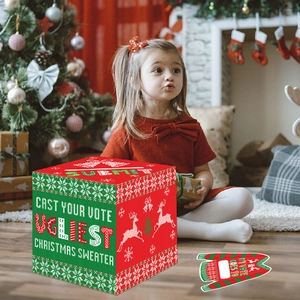Ugly Christmas Sweater party voting box with ballot cards and festive reindeer patterns