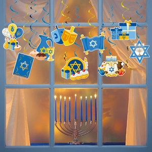 Hanukkah spiral hanging decorations set with Menorah, Star of David, and Dreidel charms