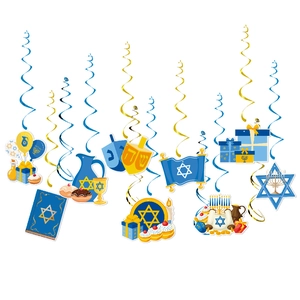Hanukkah spiral ceiling decorations set with blue and gold foil stars and menorah icons