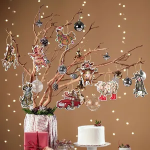 Set of 8 cartoon farm animal Christmas tree ornaments with colorful holiday lights