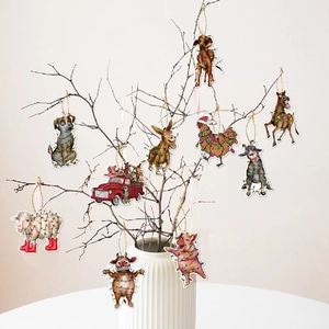 10-piece farm animal Christmas ornaments set featuring cows and trucks on branches