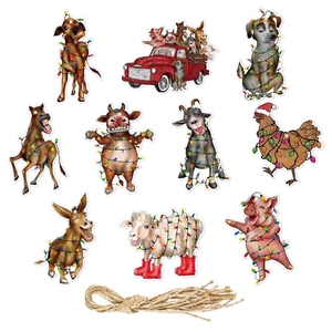 Set of 10 farm animal Christmas ornaments with festive lights and natural jute twine