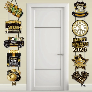 Décoration Suspendue Bannière De Porte Nouvel An 2026 Inscription Happy New Year Cheers Noir Or Guirlande Pour Célébration Réveillon Maison