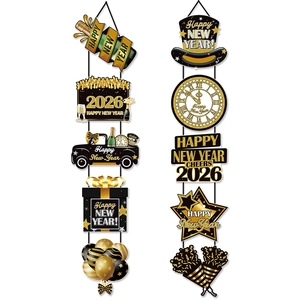 Kit de bannières Bonne Année 2026 avec décorations suspendues noir et or pour fête de porte