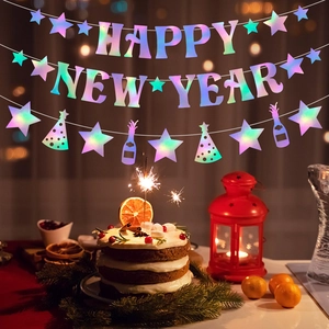 Banderole holographique Happy New Year avec étoiles et décors de bouteilles