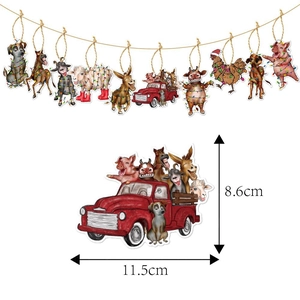Cartoon farm animal Christmas ornaments set including pets and a festive red truck