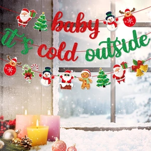 Christmas Baby It's Cold Outside banner with glitter letters and holiday characters