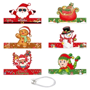 Close-up of six cartoon Christmas paper hats including Santa and snowman designs