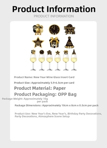 Detail view of Black and Gold Happy New Year wine glass paper cards with size specifications