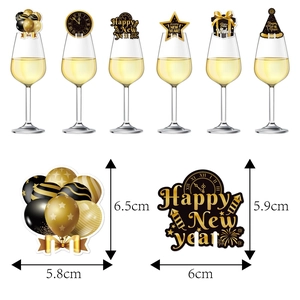Black and gold Happy New Year wine glass decorative cards in assorted festive shapes