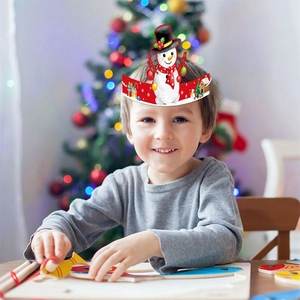 Child wearing festive Santa snowman paper headband with Christmas tree patterns
